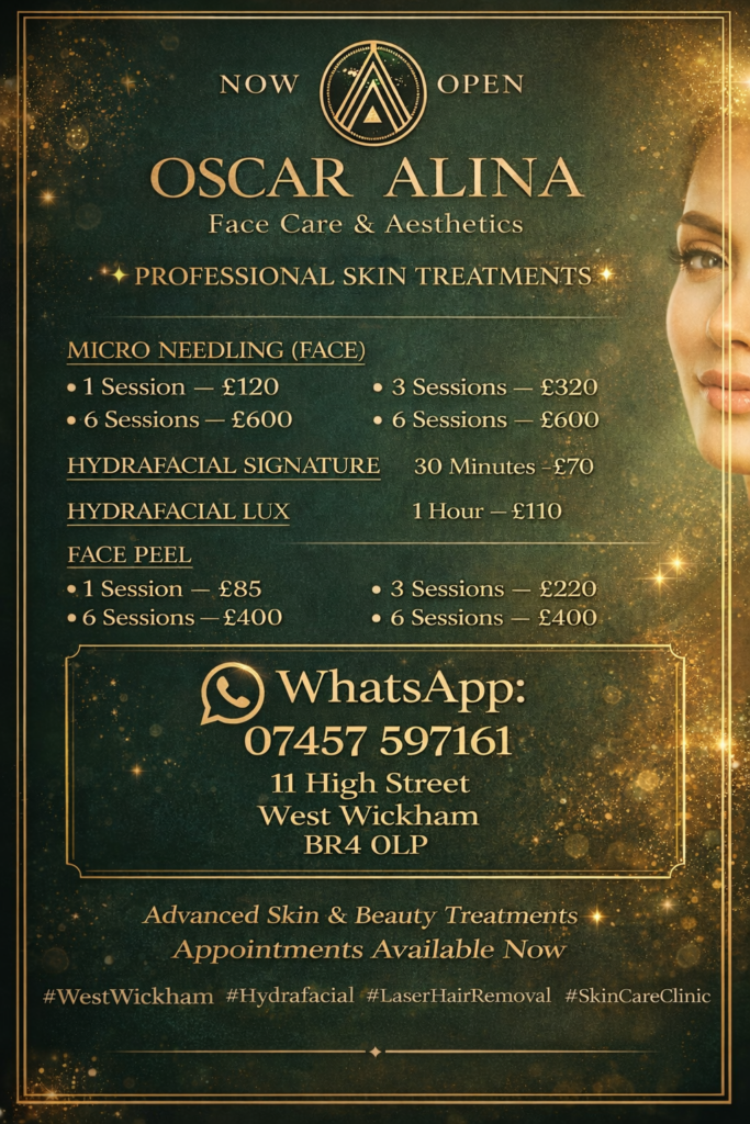 Oscar Alina Face Care & Aesthetics clinic opening poster showing skincare treatments and contact details in West Wickham.